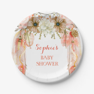 Boho Dream Catcher Feather Tribal Peach Coral Paper Plate