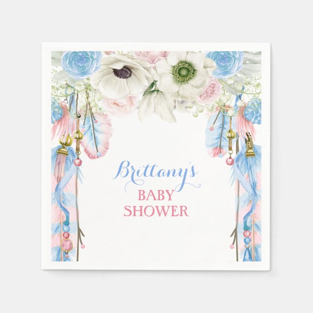 Boho Dream Catcher Feather Tribal Pink & Blue Napkin (Front)