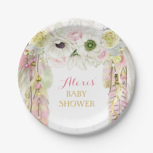 Boho Dream Catcher Feather Tribal Pink Yellow Paper Plate (Front)