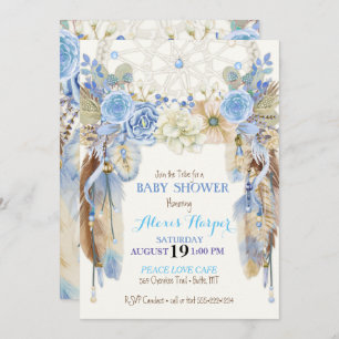 Boho Dream Catcher Feathers Blue Ivory Brown Invitation
