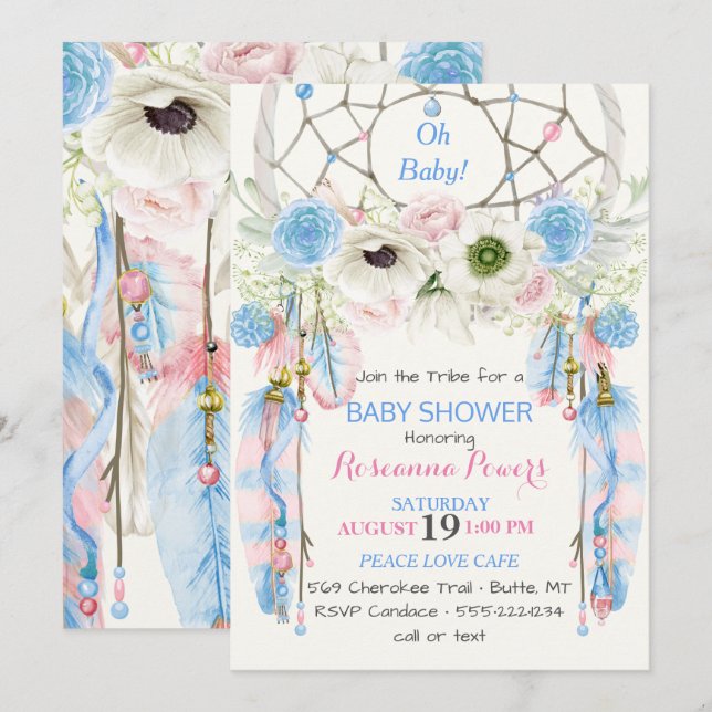Boho Dream Catcher Feathers Blue & Pink Invitation (Front/Back)