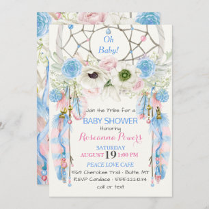 Boho Dream Catcher Feathers Blue & Pink Invitation