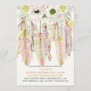 Boho Dream Catcher Feathers Crystals Pink Yellow Invitation
