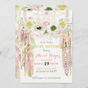 Boho Dream Catcher Feathers Crystals Pink Yellow Invitation