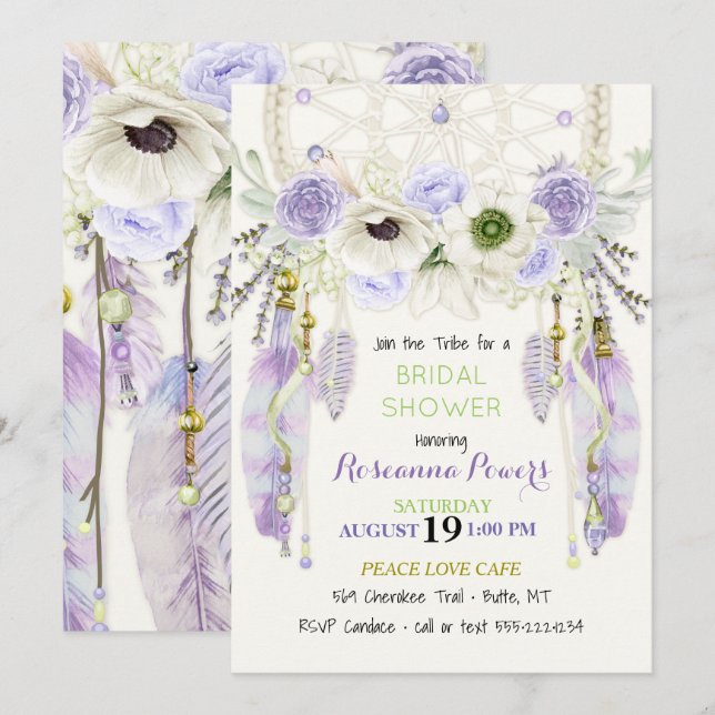 Boho Dream Catcher Feathers Lavender Green Invitation (Front/Back)