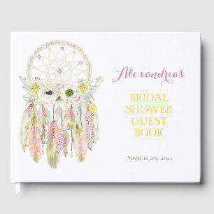 Boho Dream Catcher Pink Yellow Feathers Arrows Guest Book