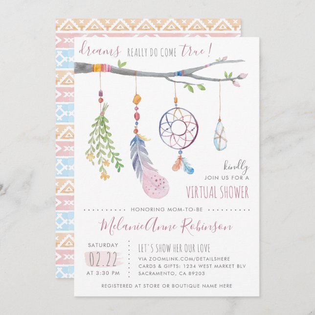 Boho Dream Catcher Tribal Feathers Virtual Shower Invitation (Front/Back)