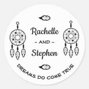 Boho  Dream Catcher Wedding Engagement Black White Classic Round Sticker