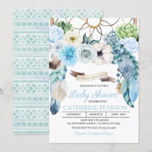 Boho Dreamcatcher Blue Baby Shower Invitation