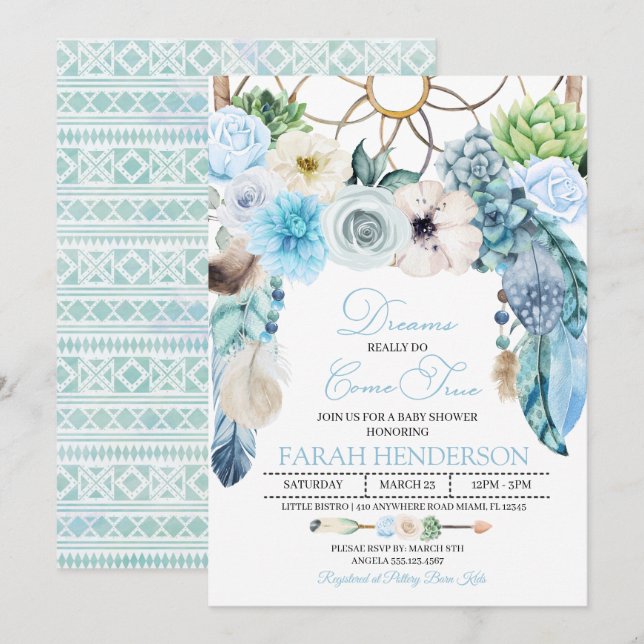 Boho Dreamcatcher Blue Baby Shower Invitation (Front/Back)