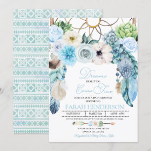 Boho Dreamcatcher Blue Baby Shower Invitation