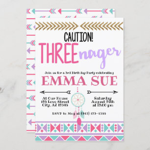 Boho Dreamcatcher Caution Three-nager 3rd Birthday Invitation