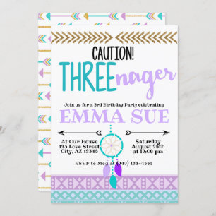 Boho Dreamcatcher Caution Three-nager 3rd Birthday Invitation