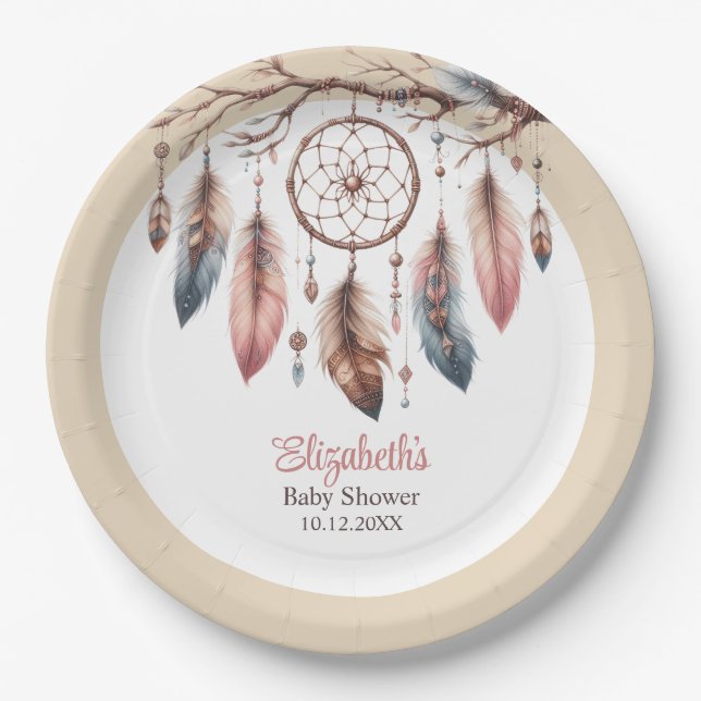Boho Dreamcatcher Custom Baby Shower Paper Plate (Front)