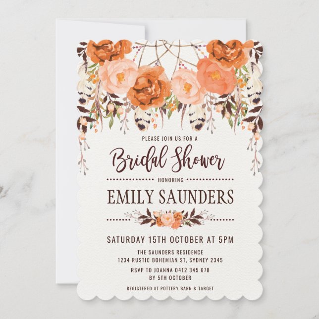 Boho Dreamcatcher Fall Floral Bridal Shower Invitation (Front)
