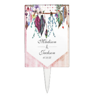 Boho Dreamcatcher & Feathers Pink Wedding Monogram Cake Topper