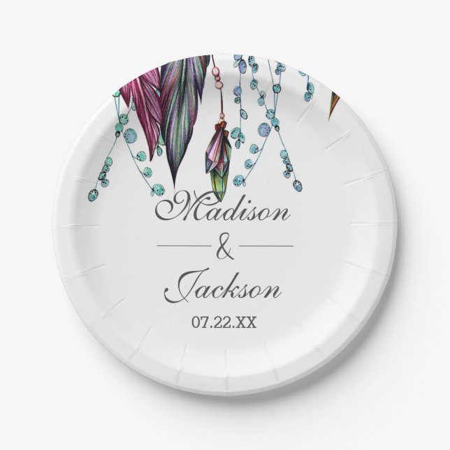 Boho Dreamcatcher & Feathers Pink Wedding Monogram Paper Plate (Front)