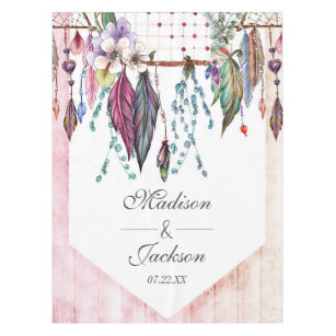 Boho Dreamcatcher & Feathers Pink Wedding Monogram Tablecloth