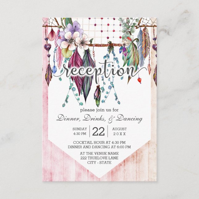 Boho Dreamcatcher & Feathers Wedding Reception Enclosure Card (Front)