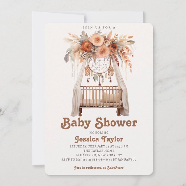 Boho Dreamcatcher Floral Girl Crib Baby Shower Invitation (Front)