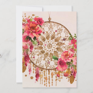Boho Dreamcatcher Pink Gold Floral Watercolor Holiday Card