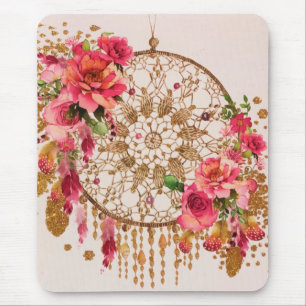 Boho Dreamcatcher Pink Gold Floral Watercolor Mouse Mat