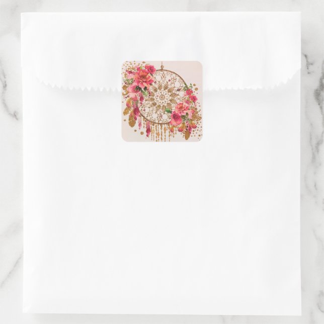 Boho Dreamcatcher Pink Gold Floral Watercolor Square Sticker (Bag)