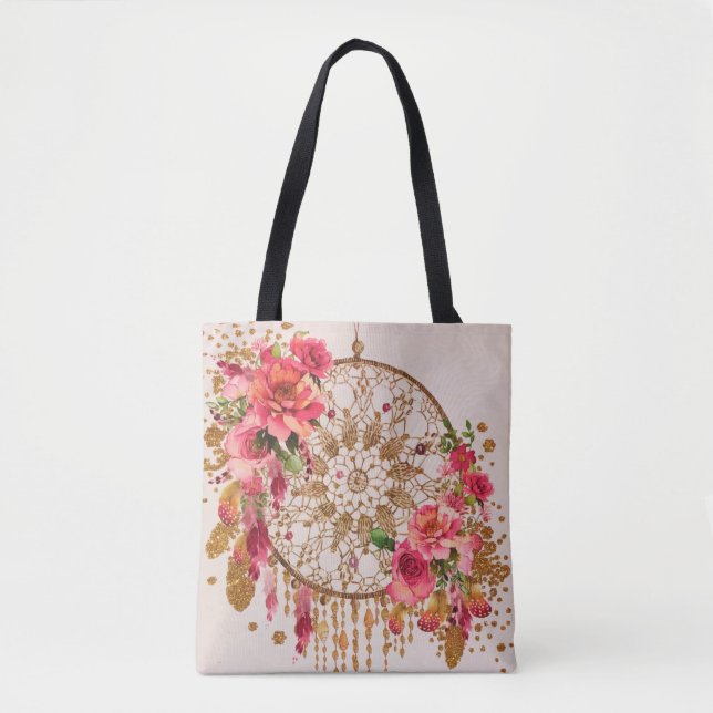 Boho Dreamcatcher Pink Gold Floral Watercolor Tote Bag (Front)