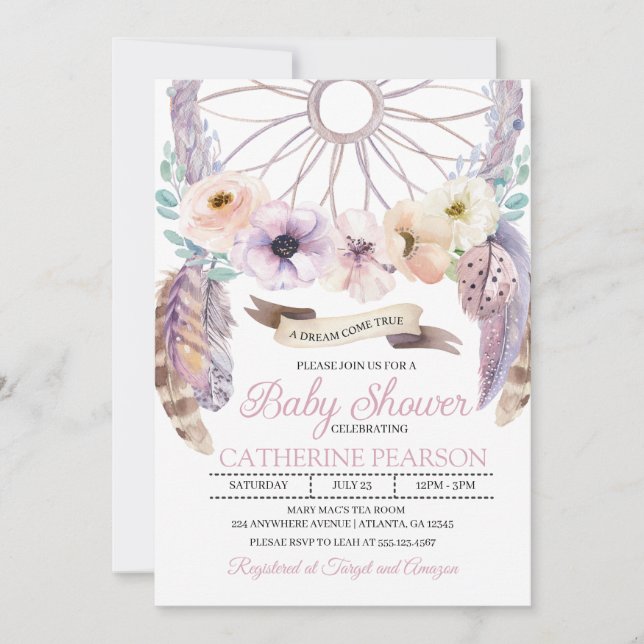 Boho Dreamcatcher Purple Baby Shower Invitation (Front)