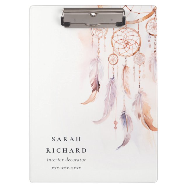 Boho Dreamcatcher Watercolor Lilac Blush Peach Clipboard (Front)