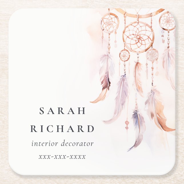 Boho Dreamcatcher Watercolor Lilac Blush Peach Square Paper Coaster (Front)