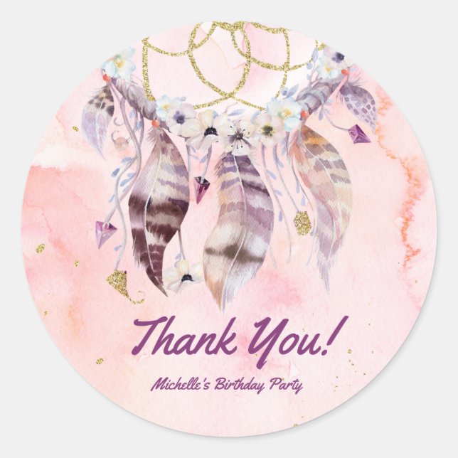 Boho Dreamcatcher Watercolor Pink Classic Round Sticker (Front)