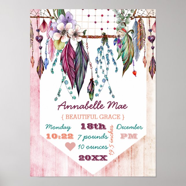 Boho Dreamcatcher & Wood Baby Girl Birth Stats Poster (Front)