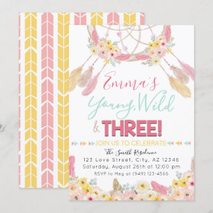 Boho Dreamcatcher Young Wild & Three 3rd Birthday Invitation