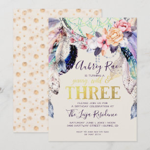 Boho Dreamcatcher Young Wild & Three Invitation