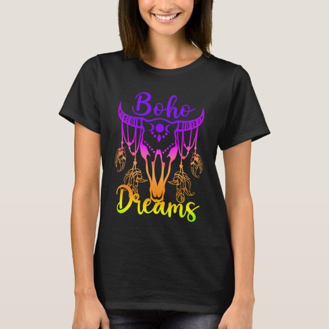 Boho Dreams Cattle Skull Feathers Bright Rainbow O T-Shirt (Front)