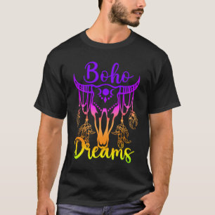 Boho Dreams Cattle Skull Feathers Bright Rainbow O T-Shirt