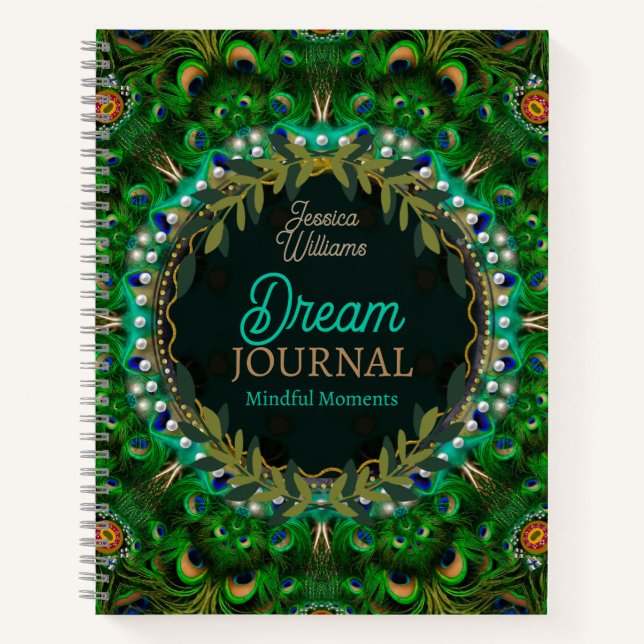 Boho Dreams Peacock Feathers Green Mandala Notebook (Front)