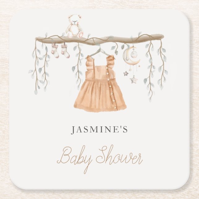 Boho Dress Clothes Girl Baby Shower Square Paper Coaster (Front)