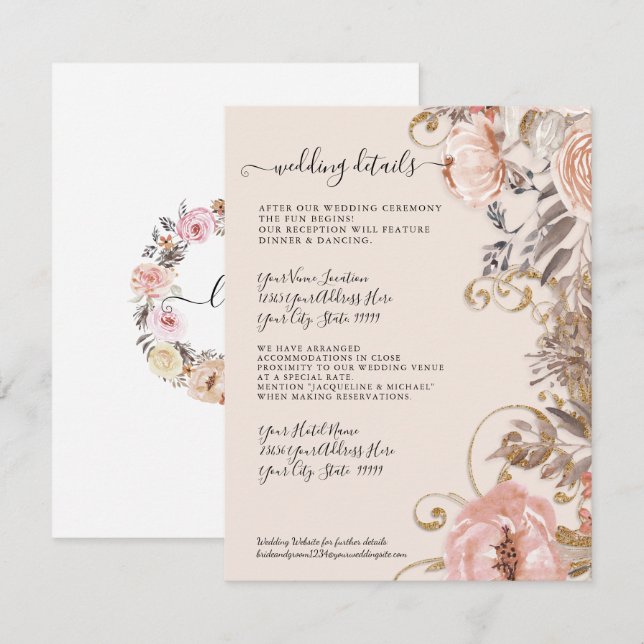 Boho Dried Floral Blush Rose Gold Wedding Details Invitation (Front/Back)
