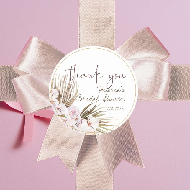 Boho Dried Floral Pink Orchid Favour  Classic Round Sticker (Boho foliage and pale pink orchids for a modern bridal shower sticker label)
