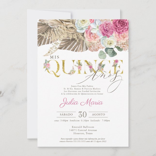 Boho Dried Floral Spanish Mis Quince Anos Birthday Invitation (Front)