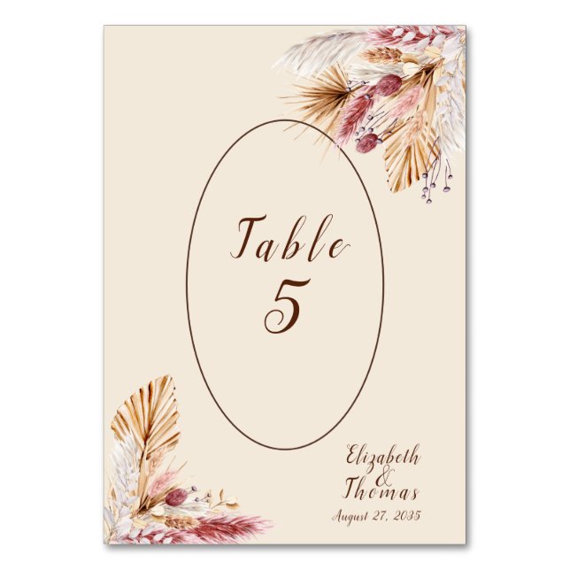 BOHO Dried Flowers Pampas Grass Wedding  Table Number (Front)