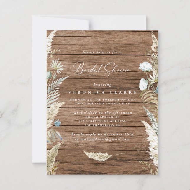 Boho Dried Flowers & Wooden Texture Bridal Shower Invitation (Front)