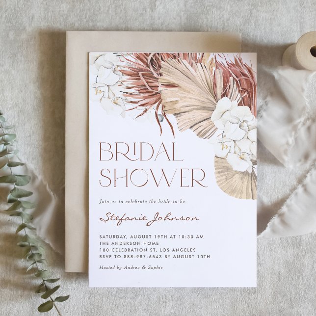 Boho Dried Palm and Orchid QR Code Bridal Shower Invitation (QR code bridal shower invitation featuring watercolor orchids, pampas grass, and dried palm leaves.)