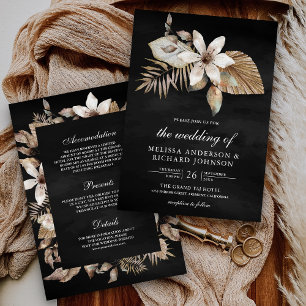 Boho Dried Palm Floral All in One Black Wedding Invitation