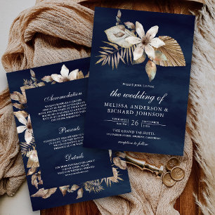 Boho Dried Palm Floral All in One Navy Wedding Invitation