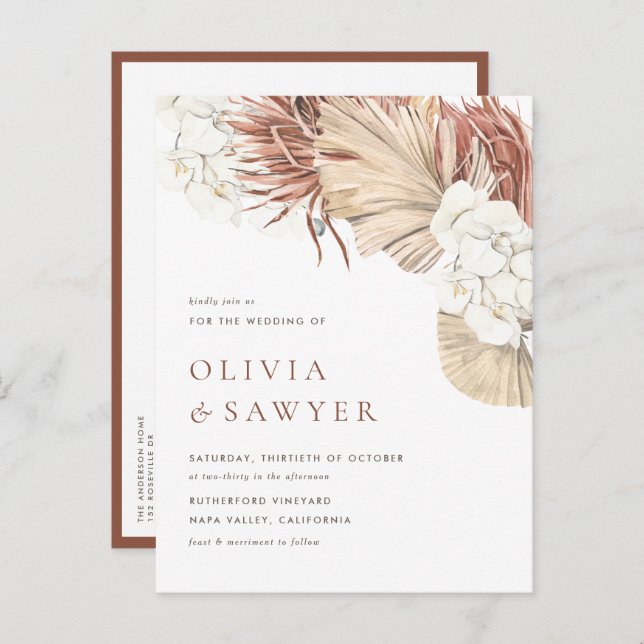 Boho Dried Palm Leaves and Orchids QR Code Wedding Invitation Postcard (Front/Back)