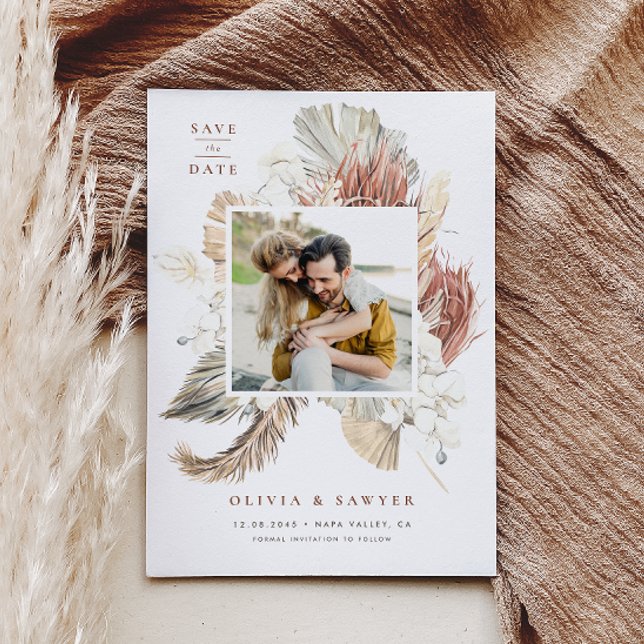 Boho Dried Palm Leaves and White Orchids Photo Save The Date (Photo save the date featuring a watercolor pampas grass, dried palm, orchids, and anthurium.)