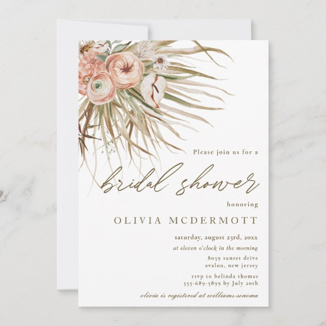Boho Dried Palm Leaves Grass Floral Bridal Shower Invitation (Front)
